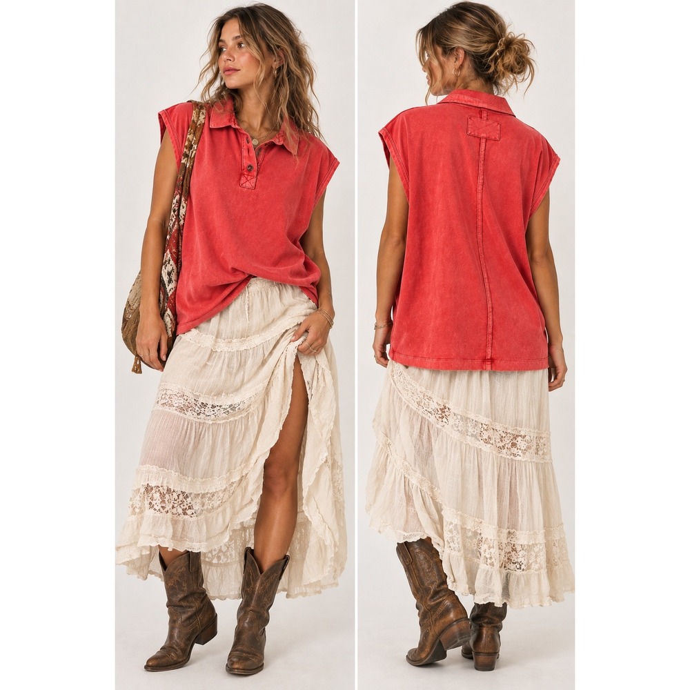 We The Free Polo Shirt Large Red Sleeveless Oversized Boho Western Washed Cotton